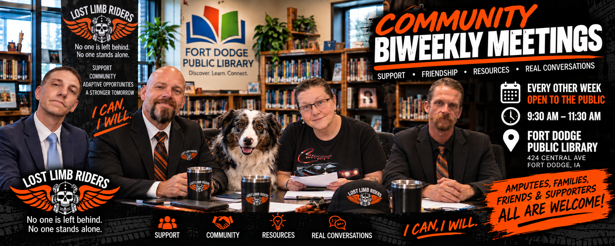 Lost Limb Riders biweekly community meetings at Fort Dodge Public Library, open to the public